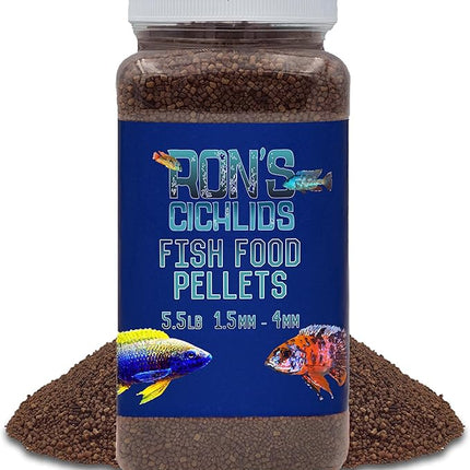 RON'S CICHLIDS Adult African Cichlid Fish Food Pellets – USA Made Slow Sinking Cichlid Pellets & Sticks Feed, Low Fillers, Ideal for Cichlid Food, Koi, Goldfish, Pleco, Oscar & Tropical Fish, 5.5 LB