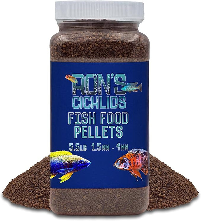 RON'S CICHLIDS Adult African Cichlid Fish Food Pellets – USA Made Slow Sinking Cichlid Pellets & Sticks Feed, Low Fillers, Ideal for Cichlid Food, Koi, Goldfish, Pleco, Oscar & Tropical Fish, 5.5 LB