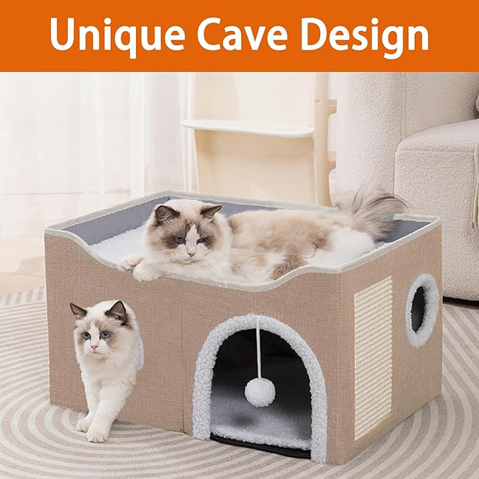 Cat Houses for Indoor Cats - Large Cat Bed Cave with Scratch Pad and Fluffy Ball, Foldable Cat Condo Hideaway with Reversible Cushion for Multi Small Pet, Khaki
