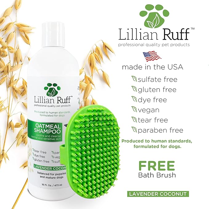 Lillian Ruff PRO Formula Deodorizing Oatmeal Dog Shampoo - Calms Itching & Allergies, Ultra-Nourishing Dry Skin Relief - Oatmeal, Aloe, Coconut Oil, Lavender & Provitamin B5 - Made in USA 16oz+Brush