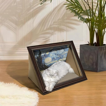 Horizontal Oil Painting Cat Scratcher& Bed - Durable Art Frame with Replaceable Art, Cat House for Indoor Cats Simple-Assembled Bed Creative Home Decoration(Starry Night &Sunflower)