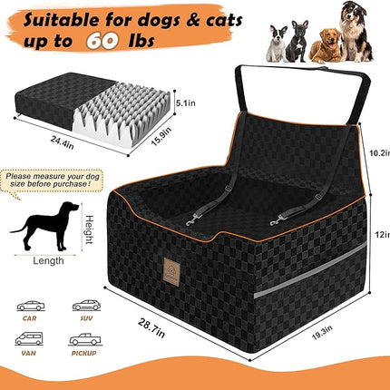 Large Dog Car Seat for Back Seat – Removable Dog Booster Seat & Washable Pet Car Seat for Medium & 2 Small Dogs up to 60lbs – Safety Straps & Storage Pocket – Travel & Home Use (Black)