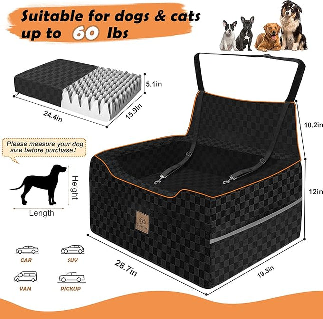 Large Dog Car Seat for Back Seat – Removable Dog Booster Seat & Washable Pet Car Seat for Medium & 2 Small Dogs up to 60lbs – Safety Straps & Storage Pocket – Travel & Home Use (Black)