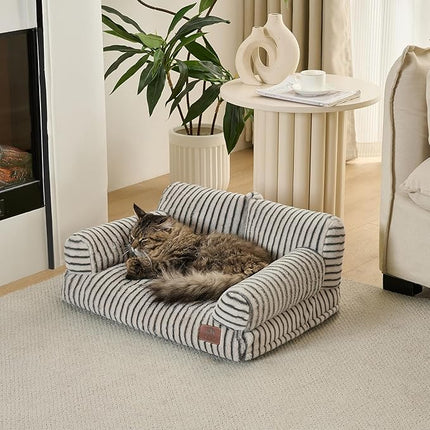 Hollypet Fluffy Plush Pet Cat Couch Soft Calming Pet Sofa Beds for Medium Small Cats and Dogs, Dark Gray Stripes