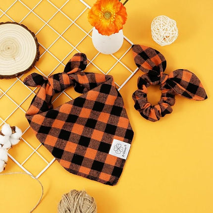 E-Clover Fall Dog Bandana & Matching Scrunchie-Orange Black Dog Bandanas Plaid Pet Scarf Bib for Small Dogs Puppy Girl Boy Owner Gift Orange