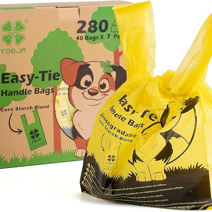 YORJA Tie Handles Dog Poop Bags, 280 Pet Waste Bags with OK BIOBASED Certificate, Thick and Strong 100% Leak-Proof Easy Tie Up Doggy Bags (Yellow)