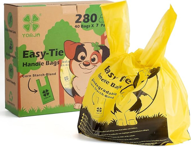YORJA Tie Handles Dog Poop Bags, 280 Pet Waste Bags with OK BIOBASED Certificate, Thick and Strong 100% Leak-Proof Easy Tie Up Doggy Bags (Yellow)