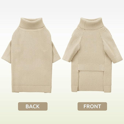 Queenmore Large Dog Sweater, Plaid Dog Sweaters for Large Dogs, Turtleneck Pet KintSweater with Check Pattern, Long Sleeve Holiday Pet Knitwear, Solid, Apricot L