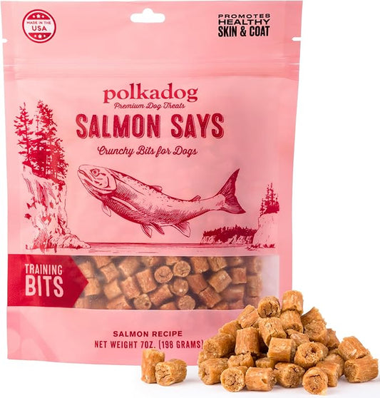 Polkadog Salmon Says Training Bits - Omega-3 Rich, Low Fat Healthy Dog Treat - Digestible, Vitamin & Mineral Packed Dog Snacks - Crunchy 3-Ingredient Treat, Ideal for Dogs with Allergies - 7oz