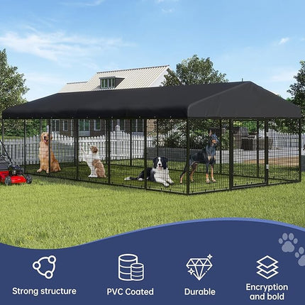 Large Outdoor Dog Enclosure,Heavy Duty Dog Cage with Roof,Galvanized Steel Dog Kennel Fence with Double Safety Locks(19.68'x 9.84')