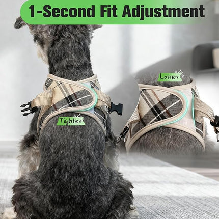 EXPAWLORER Plaid Small Dog Harness and Leash Set with AirTag Holder - Soft Padded Step in Dog Vest Harness Medium Sized Dog, No Pull Reflective Puppy Harness, Collar and Leash for Walking, Khaki XS