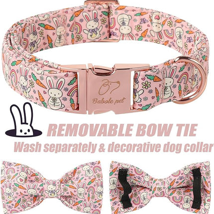 Easter Dog Collar with Bow Tie - Pink Easter Bunny Bowtie Dog Collar Adjustable Heavy Duty Spring Easter Dog Collars for Small Medium Large Dogs L
