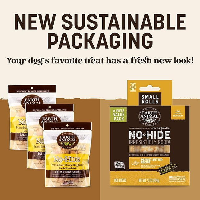 Earth Animal No Hide Chews - Long Lasting Rawhide Free Small Dog Chews Rolls, Peanut Butter - 6 Count