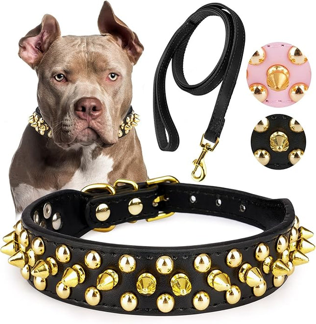 Epesiri Golden Spike Collar for Dogs, Gold Spiked Dog Collar, Durable PU Leather Studded Dog Collar with Leash, Funny Mushrooms Rivet Small Puppy Pet Cat Adjustable Collar, Black M
