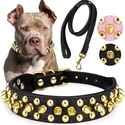 Epesiri Golden Spike Collar for Dogs, Gold Spiked Dog Collar, Durable PU Leather Studded Dog Collar with Leash, Funny Mushrooms Rivet Small Puppy Pet Cat Adjustable Collar, Black XXL