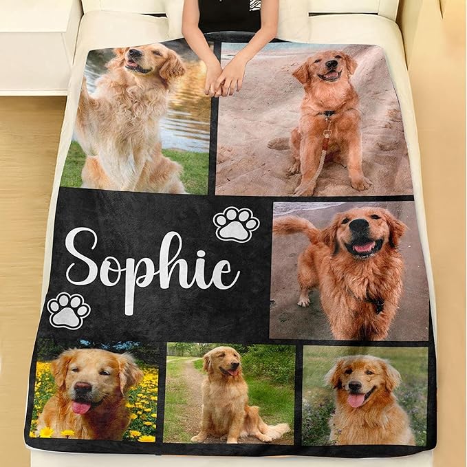 Personalized Dog Photo Blanket, Pet Memorial Keepsake, Custom Dog Loss Gift, Paw Print Blanket