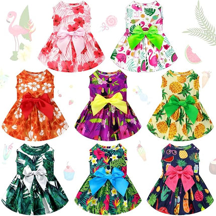 LEIFIDE 8 Pcs Summer Themed Hawaii Dog Dresses Holiday Flamingo Fruit Floral Pattern Pet Skirts Hawaii Puppy Princess Dresses Outfits Bowknot for Girl Dogs Cats Beach(XL)