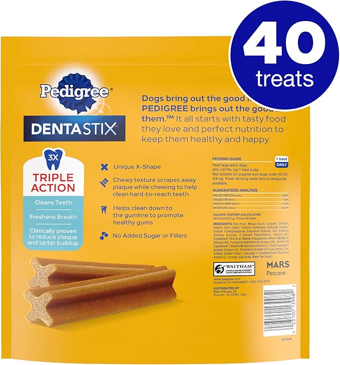 Pedigree Dentastix Large Breed Dog Treats, Original Flavor, 2.08 lb. Bag (40 Treats)