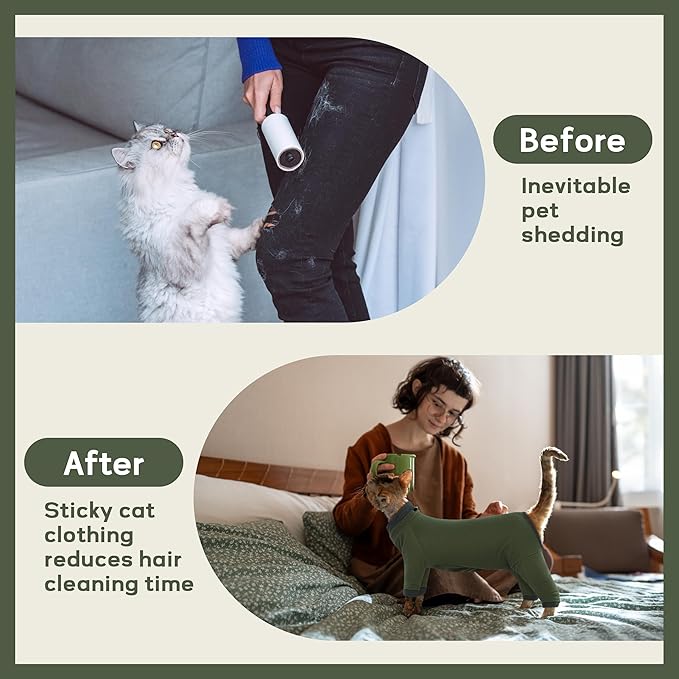 PUMYPOREITY Sticky Hair Cat Clothes, Prevent Hair Loss Cat Pajamas, Soft Cat Sweaters for Cats Only, Cat Hair Sticky Onesie, Cat Recovery Suit After Surgery, Green, S