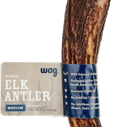 Amazon Brand - Wag Dog Elk Antler Chew, Naturally Shed, Whole, Medium 6-7.5 inches, Long Lasting for Aggressive Chewers, Best for Dogs 15-30 lbs, 2.90 Ounce (Pack of 1)