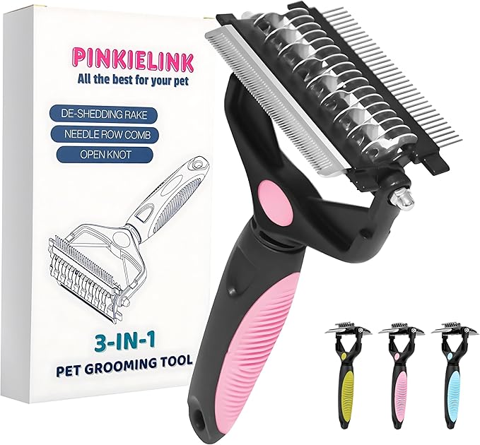 3-IN-1 Pet Grooming Tool - Undercoat Rake, Dematting Comb & Deshedding Brush for Cats & Dogs - Removes Mats, Tangles & Loose Fur, Reduces Shedding & Prevents Hair Mess (Pink)