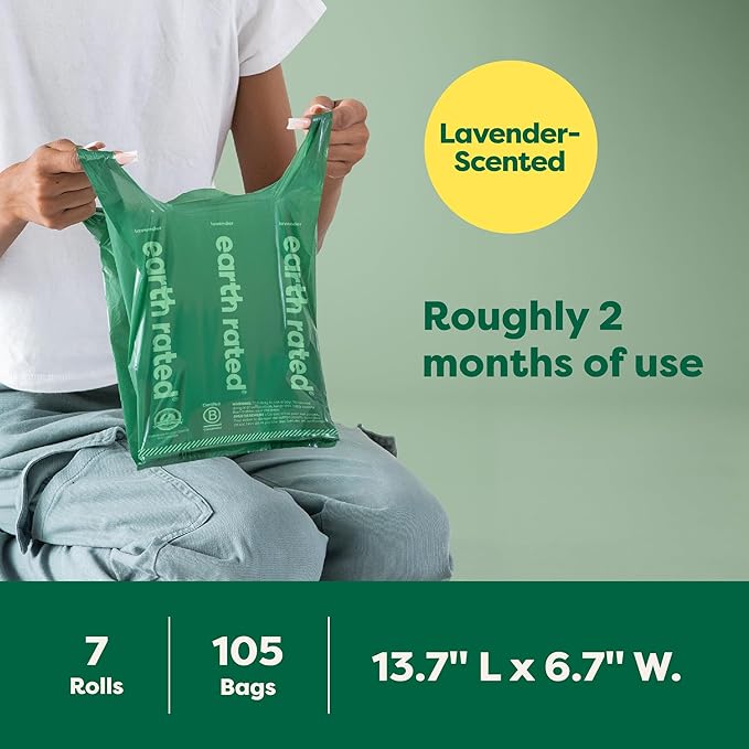 Earth Rated Dog Poop Bags with Handles on Refill Rolls, Easy-Tie on a Compact Roll, Extra Wide Opening, Guaranteed Leak-Proof, Lavender Scented, 105 on Rolls
