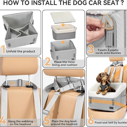 PETSFIT Small Dog Car Seat, Waterproof PU Leather Dog Booster Car Seat with Patented Safe Buckles, Pet Carseat for Medium or Small Sized Pets up to 30 lbs (Grey)