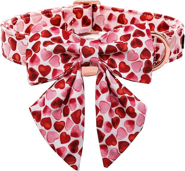 Maca Bates Valentine's Day Dog Collar with Sailor Bow for Extra Small Girl Boy Dogs,Red Love Hearts Pattern,Adjustable Durable Soft Valentine Gift for Female Male Puppy