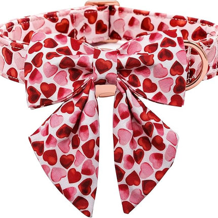 Maca Bates Valentine's Day Dog Collar with Sailor Bow for Extra Large Girl Boy Dogs,Red Love Hearts Pattern,Adjustable Durable Soft Valentine Gift for Female Male Puppy