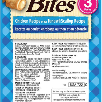 INABA Churu Bites for Cats, Soft/Chewy Baked Chicken Wrapped Churu Filled Cat Treats with Vitamin E, 0.35 Ounces per Tube, 18 Tubes Total (3 Tubes per Pack), Tuna with Scallop Recipe