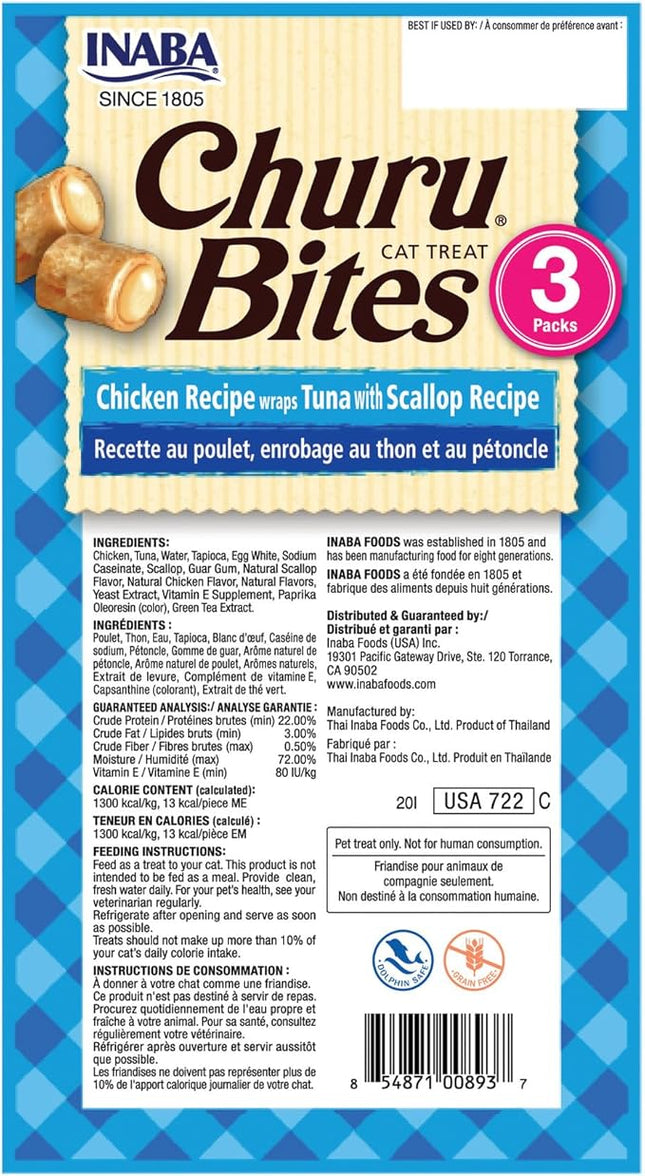 INABA Churu Bites for Cats, Soft/Chewy Baked Chicken Wrapped Churu Filled Cat Treats with Vitamin E, 0.35 Ounces per Tube, 18 Tubes Total (3 Tubes per Pack), Tuna with Scallop Recipe