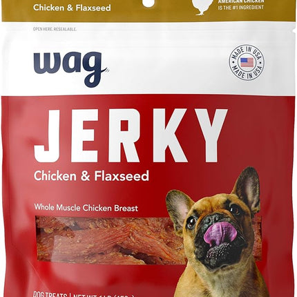 Amazon Brand – Wag Chewy Whole Muscle American Jerky Dog Treats – Chicken & Flaxseed (1 lb), Grain Free