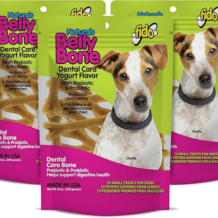 Fido - Belly Bones for Dogs, Yogurt Flavored Small Dog Dental Treats - 13 Treats Per Pack (3 Pack) - Made in USA, Plaque & Tartar Control, for Fresh Breath and Digestive Health Support