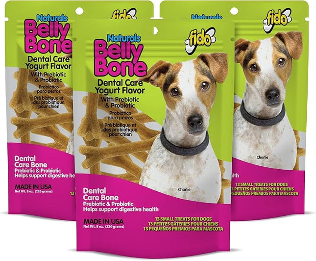 Fido - Belly Bones for Dogs, Yogurt Flavored Small Dog Dental Treats - 13 Treats Per Pack (3 Pack) - Made in USA, Plaque & Tartar Control, for Fresh Breath and Digestive Health Support