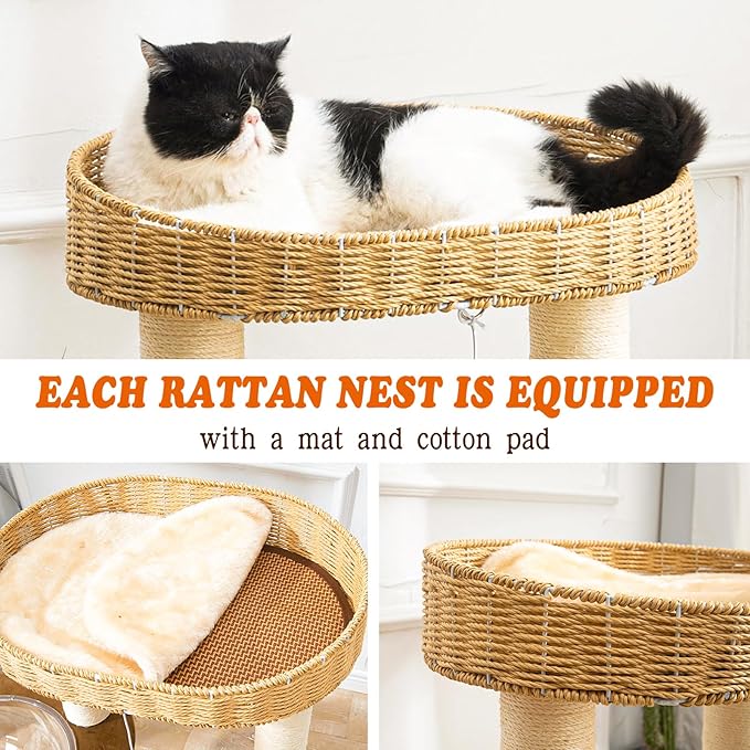 Big Cat Tree for Large Cats - Multi-Cat Tower with Natural Sisal & Handwoven Basket, Extra Sturdy Base, Breathable Perch - Rustic Wood Style Cat Furniture for Indoor Cats