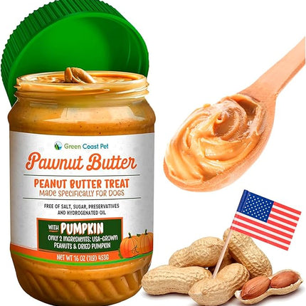 Natural Peanut Butter for Dogs Safe - 100% Healthy Dog Treats - No Sugar, Xylitol Free, Digestive Support - Puppy Dog Peanut Butter with Pumpkin 16 oz - Made in USA Premium Quality