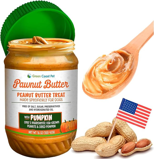Natural Peanut Butter for Dogs Safe - 100% Healthy Dog Treats - No Sugar, Xylitol Free, Digestive Support - Puppy Dog Peanut Butter with Pumpkin 16 oz - Made in USA Premium Quality