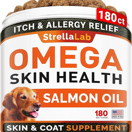StrellaLab Omega 3 for Dogs - (180Ct) Fish Oil Treats - Allergy & Itch Relief Skin & Coat Supplement - Dry Itchy Skin, Anti Shedding & Hot Spots Treatment - Pet Salmon Oil Chews - Smoked Salmon Flavor