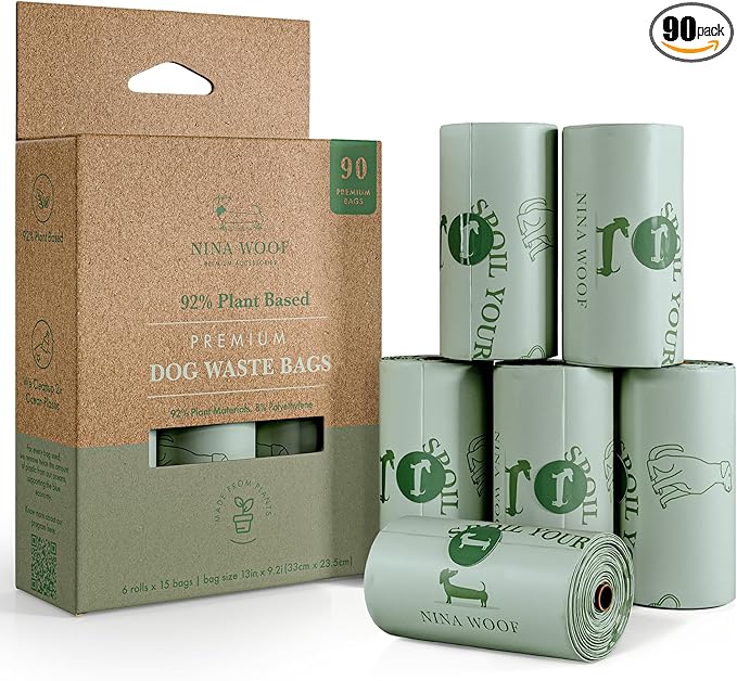 Eco-Friendly 92% Plant-Based Dog Poop Bags Rolls -90 Extra Thick, Durable, Leak-Proof, Odorless, Convenient Disposal - USDA Certified, Heavy-Duty Trash Bags and Garbage Bags