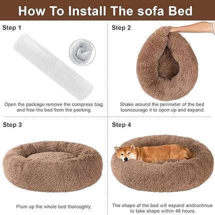 Dog Calming Beds for Small Medium Large Dogs - Round Donut Washable Puppy Dog Bed, Anti-Slip Faux Fur Fluffy Donut Cuddle Anxiety Cat Pet Bed(32'' Khaki