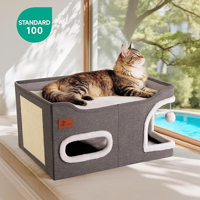 Petizer 23.8 Inches Large Cat Houses for Indoor Cats -Cute Cat Houses & Condos, Foldable Cat Cave Bed with Fluffy Ball and Scratch Pad, Cat Hideaway for Kittens, Kitty, Multi Small Pets, Dark Grey