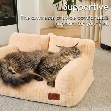Hollypet Fluffy Plush Pet Cat Couch Soft Calming Pet Sofa Beds for Medium Small Cats and Dogs, Pink Stripes