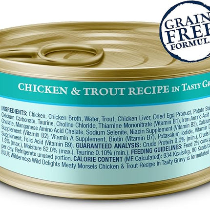 Blue Buffalo Wilderness Wild Delights Meaty Morsels Wet Cat Food, High-Protein & Grain-Free, Made with Natural Ingredients, Chicken & Trout Recipe in Tasty Gravy, 3-oz. Cans (24 Count)