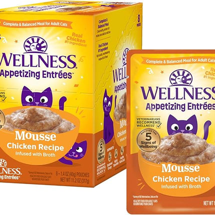 Wellness Appetizing Entrées Mousse Adult Wet Cat Food, Natural, Protein-Rich, Grain Free, 1.4 Ounce Pouch, 8 Pack (Chicken Recipe)
