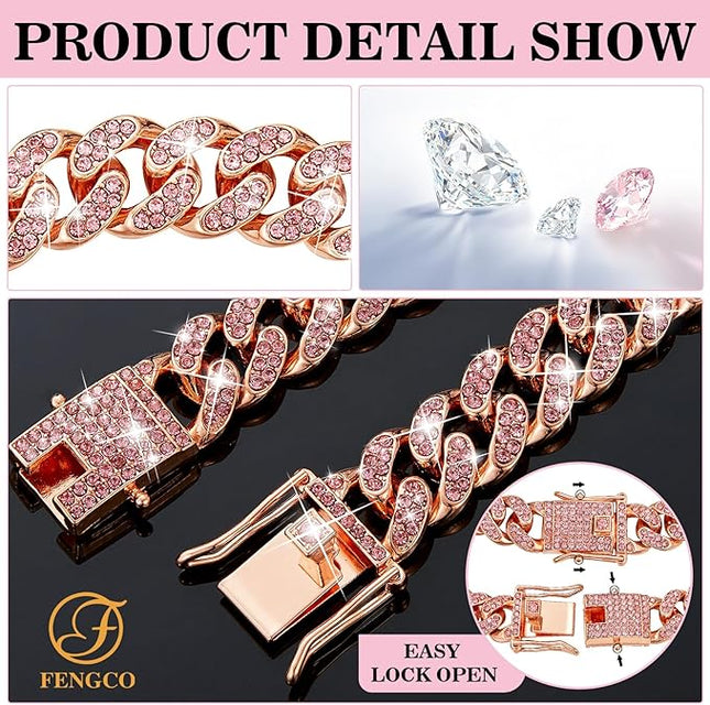 Rosegold Dog Chain Collar Diamond Cuban Link Dog Collar 13mm Wide Dog Necklace Metal Cat Chain Pet Crystal Collar Jewelry Accessories for Small Medium Large Dogs Cats(16inch)