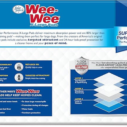 Four Paws Wee-Wee Superior Performance XL Pee Pads for Extra Large Dogs, Leak-Proof Floor Protection Dog & Puppy Quilted Potty Training Pads, Unscented, 28" x 34" (150 Count)