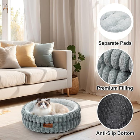 Cat Beds for Indoor Cats, Washable Round Bed for Small Dogs, Soft Pet Bed for Puppy and Kitten with Anti-Slip Bottom (Gray, 20in)
