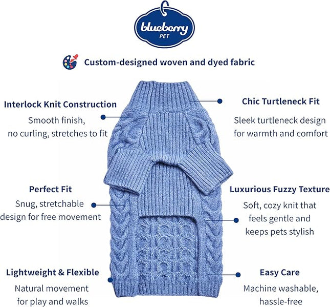 Blueberry Pet Classic Fuzzy Textured Knit Pullover Turtle-Neck Dog Sweater in Heather Blue, Back Length 16", Pack of 1 Clothes for Dogs