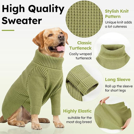 Queenmore Large Dog Sweater, Long Sleeve Dogs Sweater with Check Pattern, Fall Winter Warm Dog Sweaters for Large Breeds, Solid Pull-on Pet Sweaters, Green XL