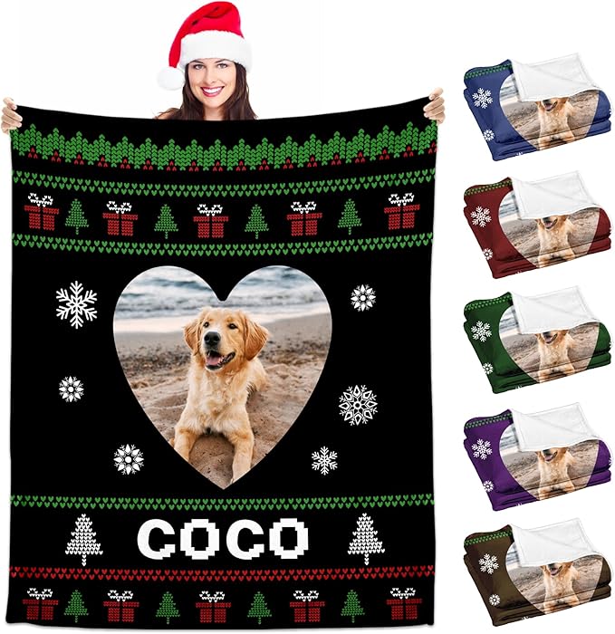 Custom Christmas Dog Blanket Gifts, Personalized Pet Blanket with Name, Customized Throw Blanket with Photo Name, for Pet Lovers, Dog Memorial Gifts for Loss of Cats Dogs